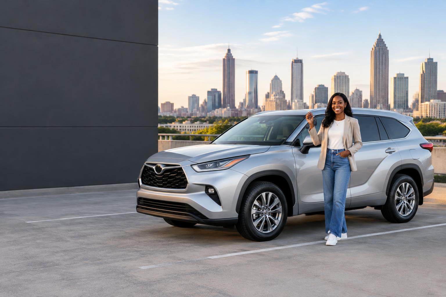 A renter holding car keys beside a silver SUV with the Atlanta skyline behind her